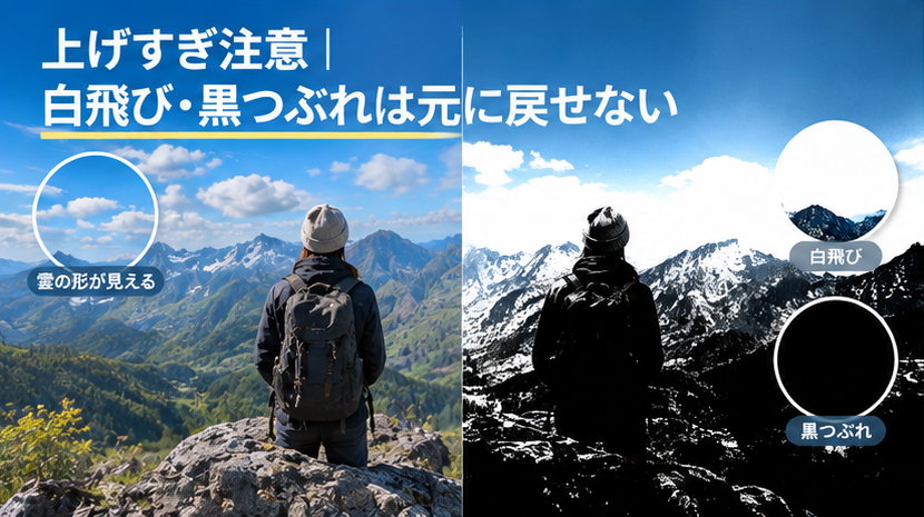 上げすぎ注意｜白飛び・黒つぶれは元に戻せない